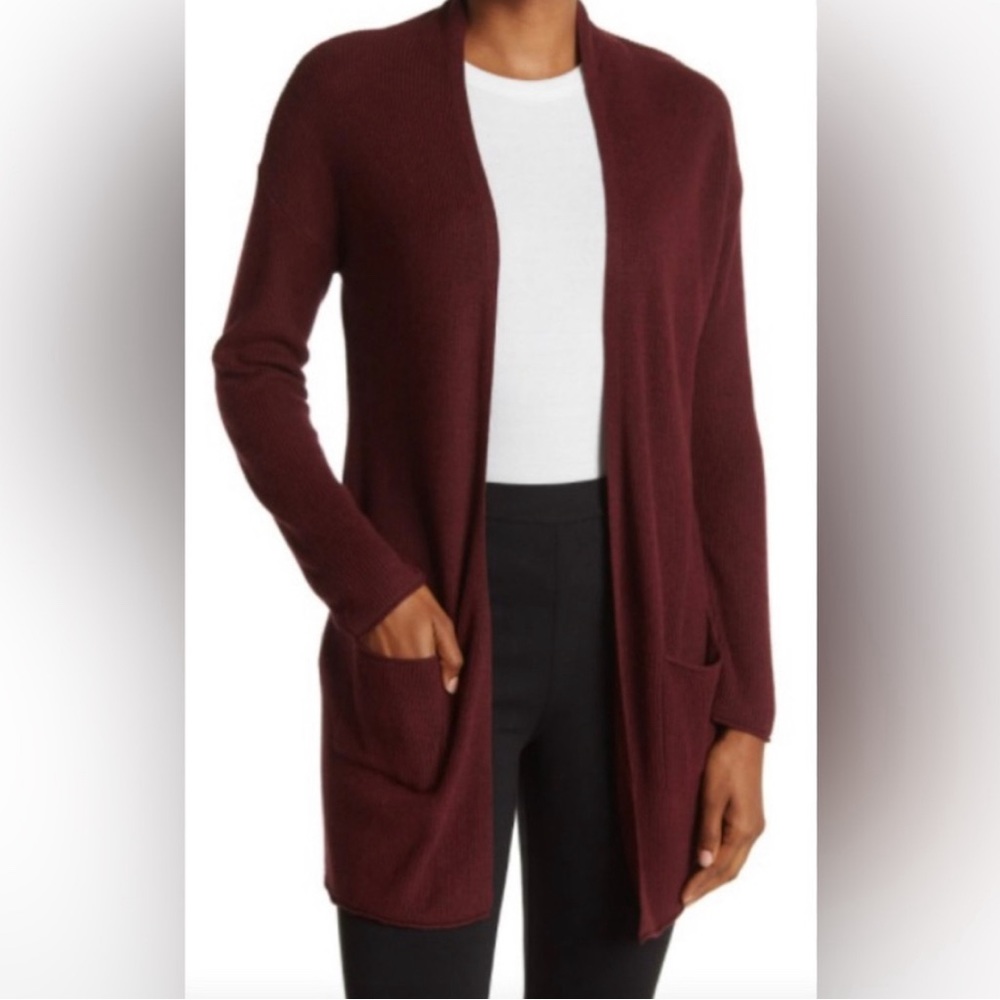 Tahari Cardigan Cashmere Blend Tunic Length Red Wine Heather NWT